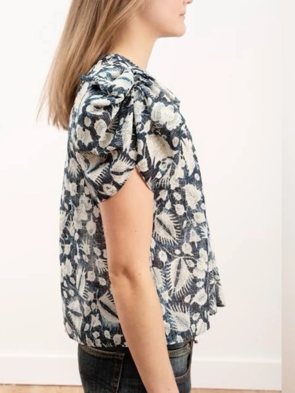 Ulla Johnson‎ Nova Top Indigo Batik Floral Metallic Puff Sleeve Blouse Size 0